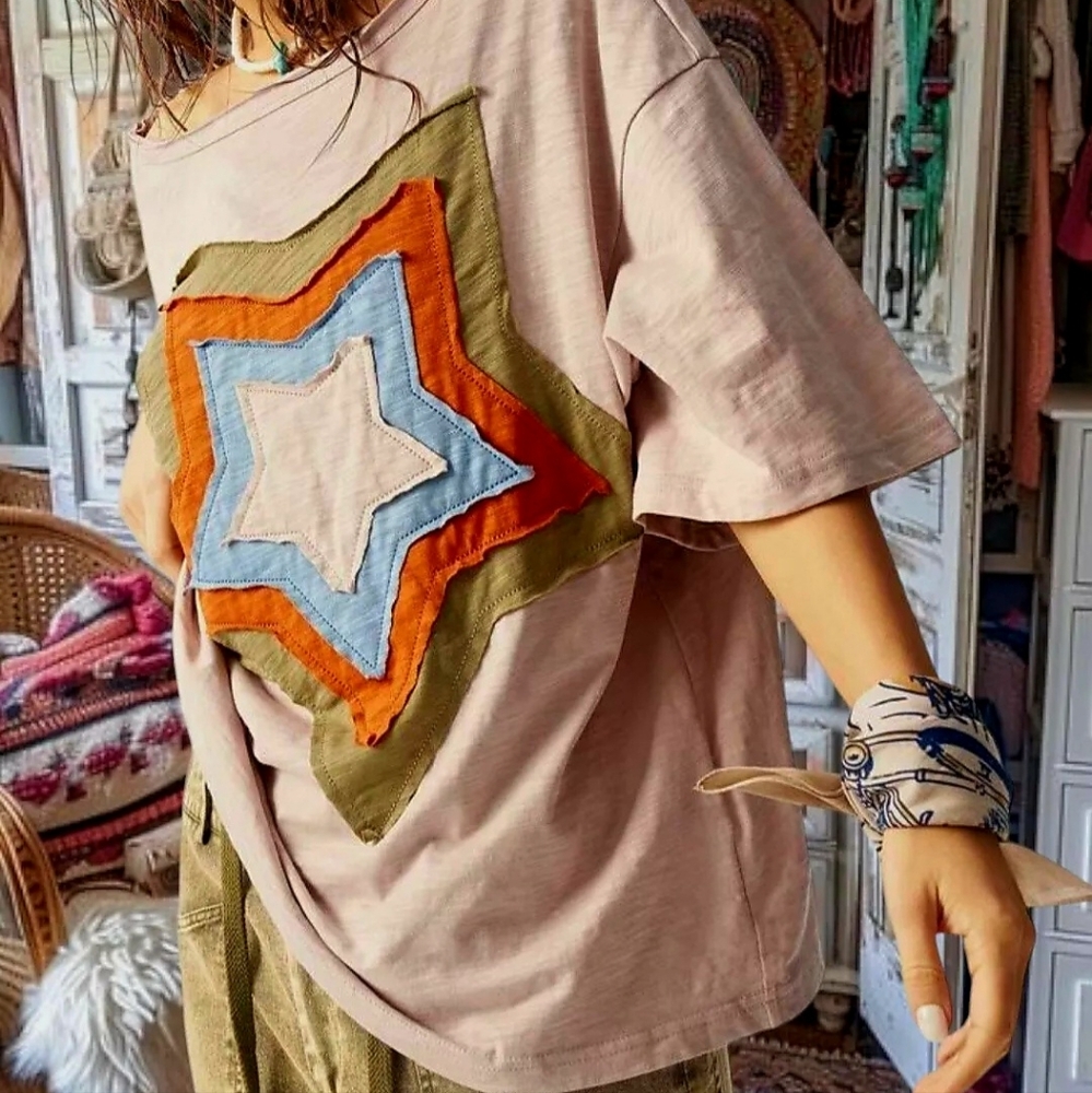 FP Colorful patchwork Star Women's t-shirt off shoulder boho top blouse Xl New